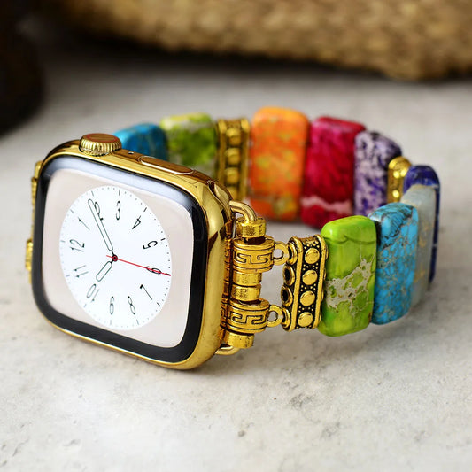 Spiritual 7 Color Chakra Imperial Jaspers Elastic Smart Watch Strap 38mm/45mm Stones Stretchy Wristband Lovers Iwatch Bracelet